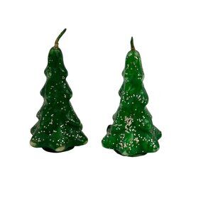 Vintage Gurley Green Christmas Tree Shaped Wax Candles Pair Silver Glitter Holid